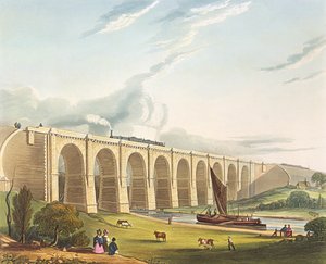 Viadukt a Sankey-völgyön át, a „Liverpool and Manchester Railway” 4. táblája, Henry Pyall (1795-1833) metszete, kocsma. R. Ackermann, 1831